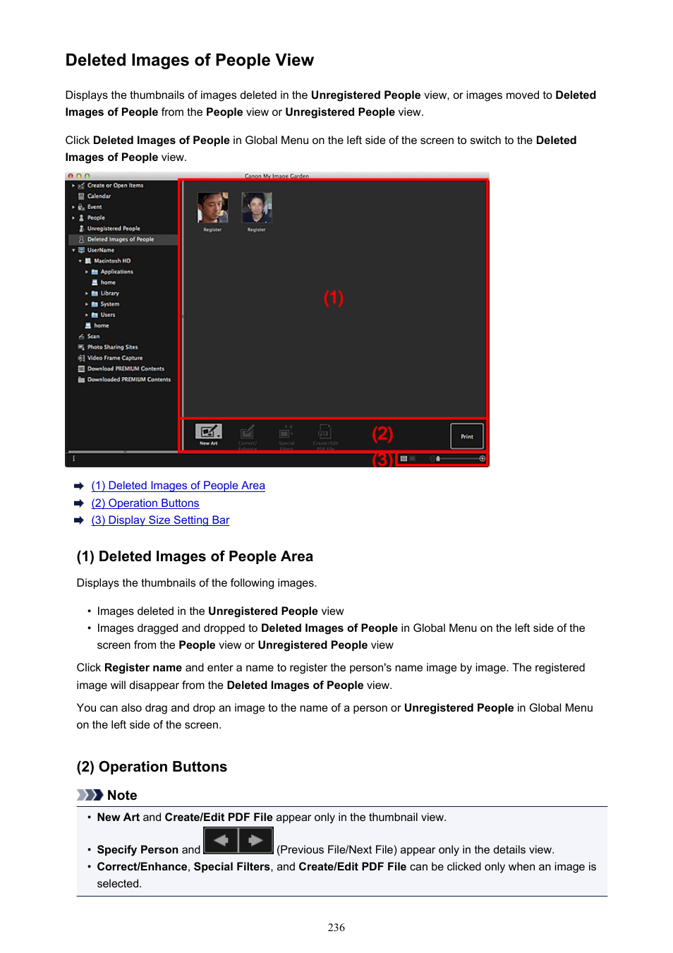 Deleted images of people view, Switches to the, In which images deleted from the | Canon My Image Garden User Manual | Page 236 / 304
