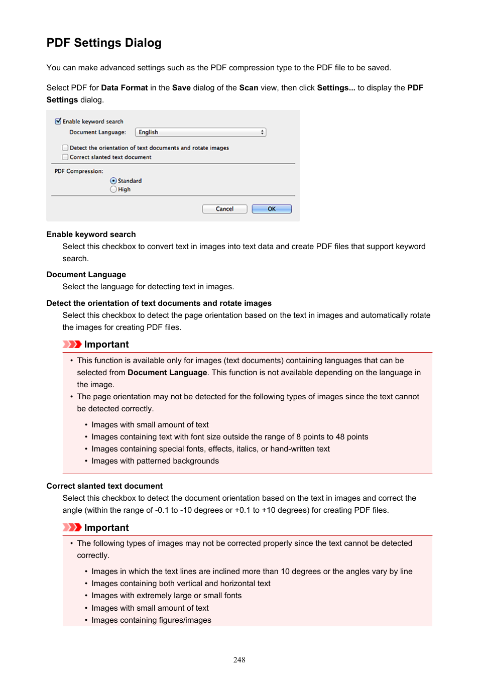 Pdf settings dialog | Canon My Image Garden User Manual | Page 248 / 304