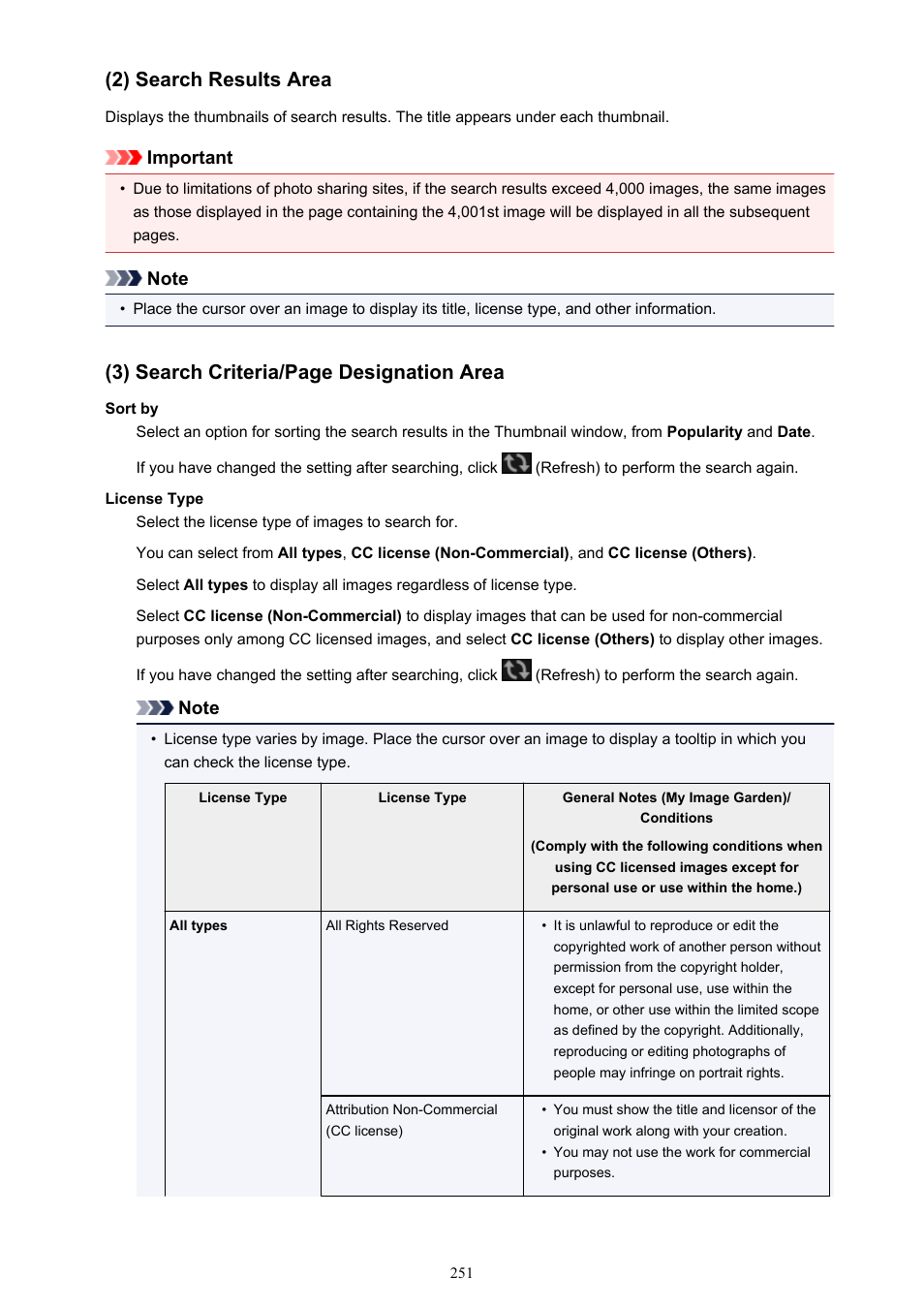2) search results area, 3) search criteria/page designation area | Canon My Image Garden User Manual | Page 251 / 304