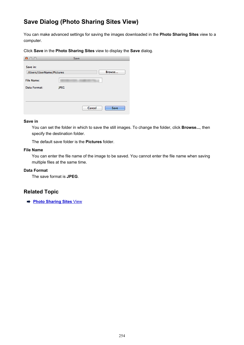 Save dialog (photo sharing sites view), Save dialog ( photo sharing sites view) | Canon My Image Garden User Manual | Page 254 / 304