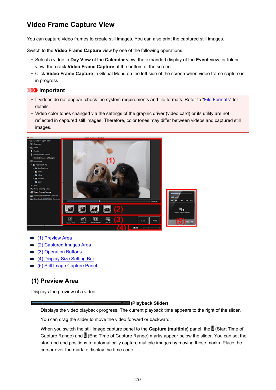 Video frame capture view, Switches to the, In which you can crop still images from a video | Canon My Image Garden User Manual | Page 255 / 304