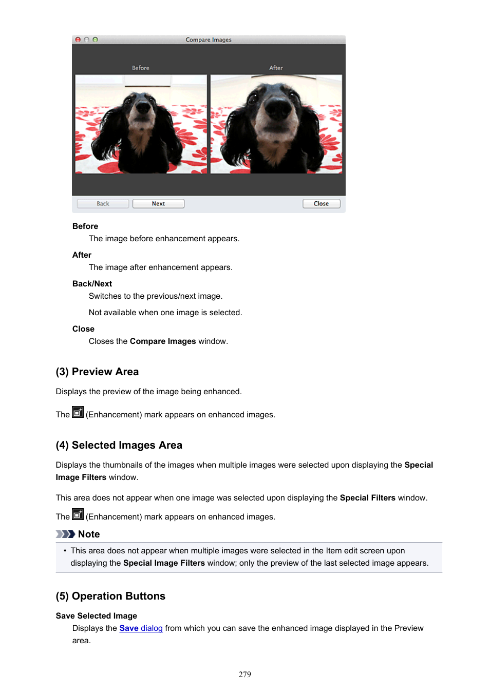 3) preview area, 4) selected images area, 5) operation buttons | Canon My Image Garden User Manual | Page 279 / 304