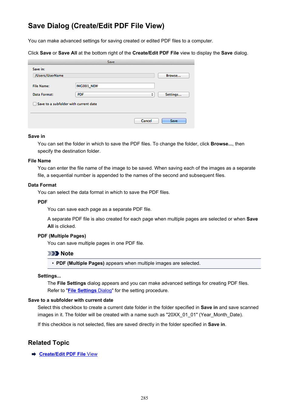 Save dialog (create/edit pdf file view), Save dialog ( create/edit pdf file view) | Canon My Image Garden User Manual | Page 285 / 304
