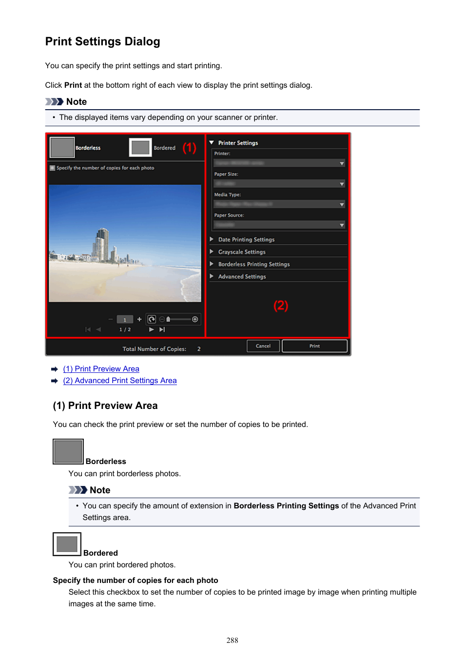 Print settings dialog, Refer to, Menu to display the | Select the printer, For the setting, From which you can print captured still images, For the setting procedure, For the | Canon My Image Garden User Manual | Page 288 / 304