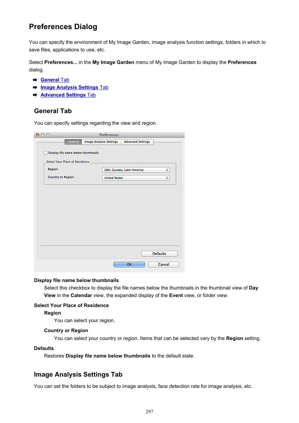 Preferences dialog, Image analysis settings tab | Canon My Image Garden User Manual | Page 297 / 304