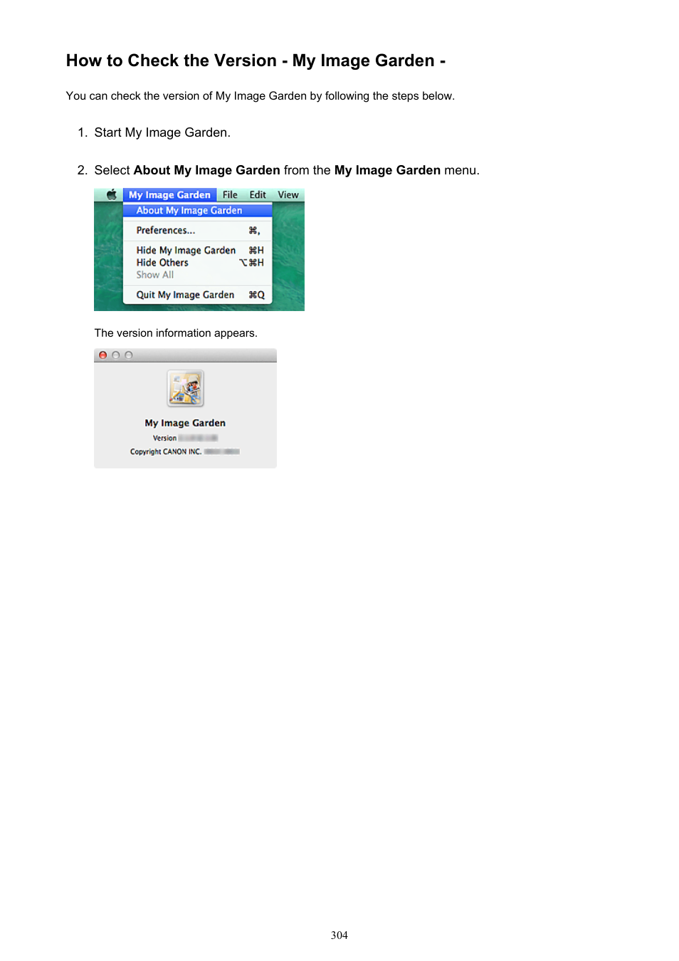 How to check the version - my image garden | Canon My Image Garden User Manual | Page 304 / 304