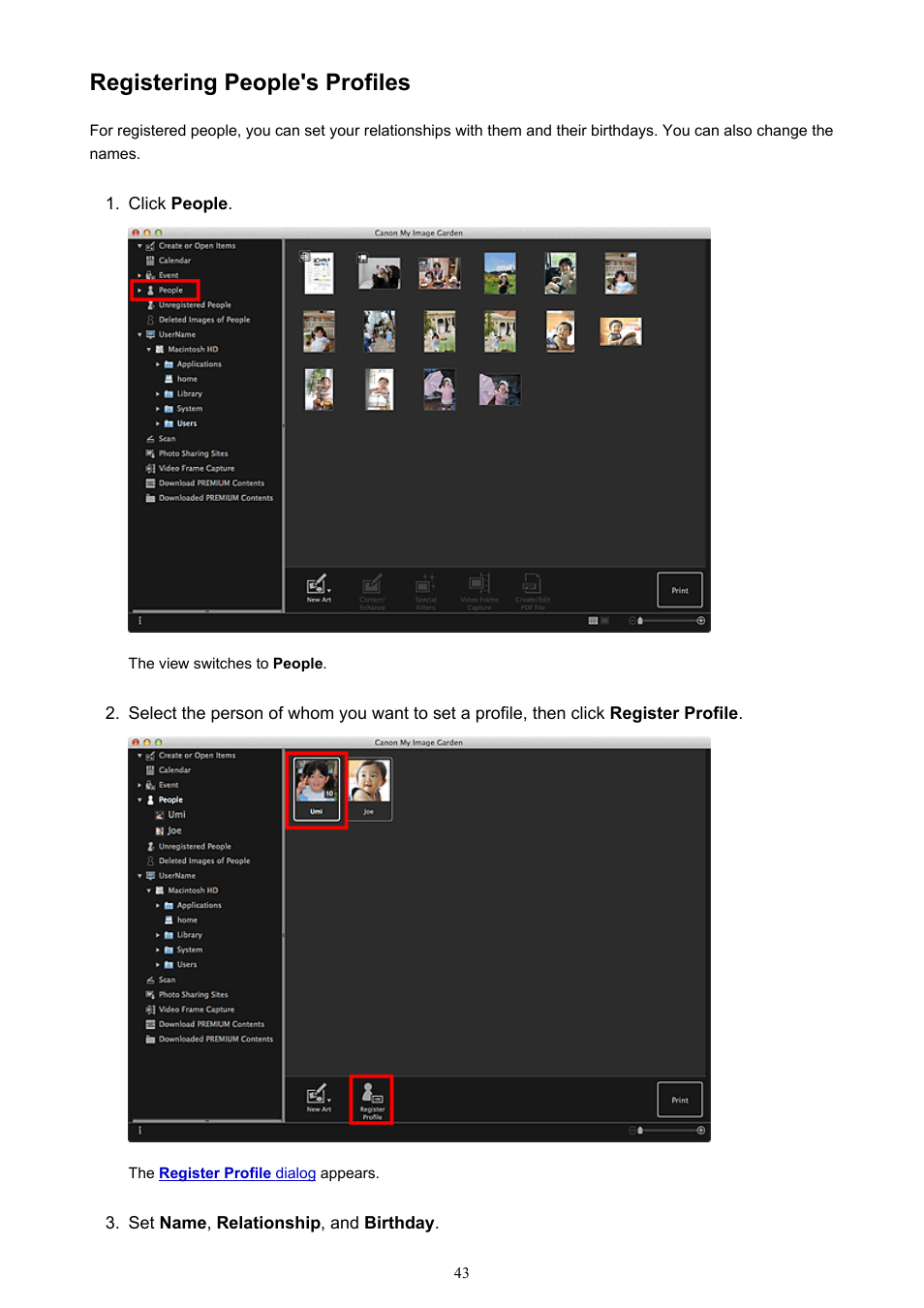Registering people's profiles | Canon My Image Garden User Manual | Page 43 / 304