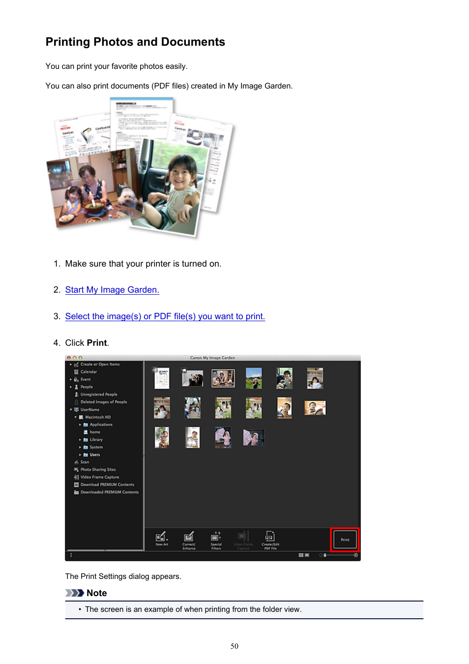 Printing photos and documents | Canon My Image Garden User Manual | Page 50 / 304