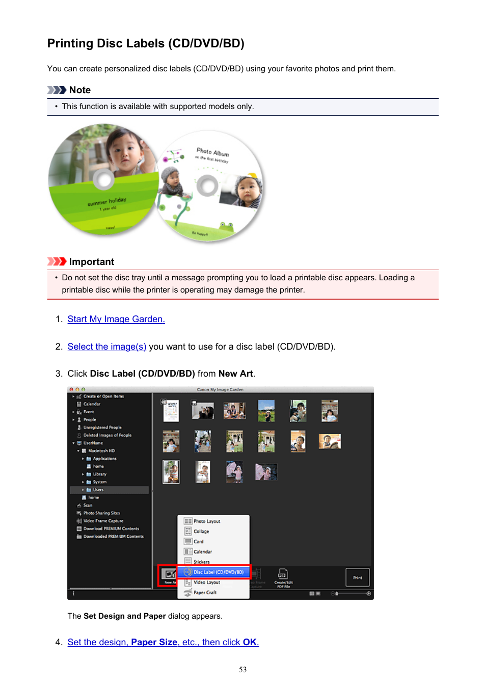 Printing disc labels (cd/dvd/bd) | Canon My Image Garden User Manual | Page 53 / 304
