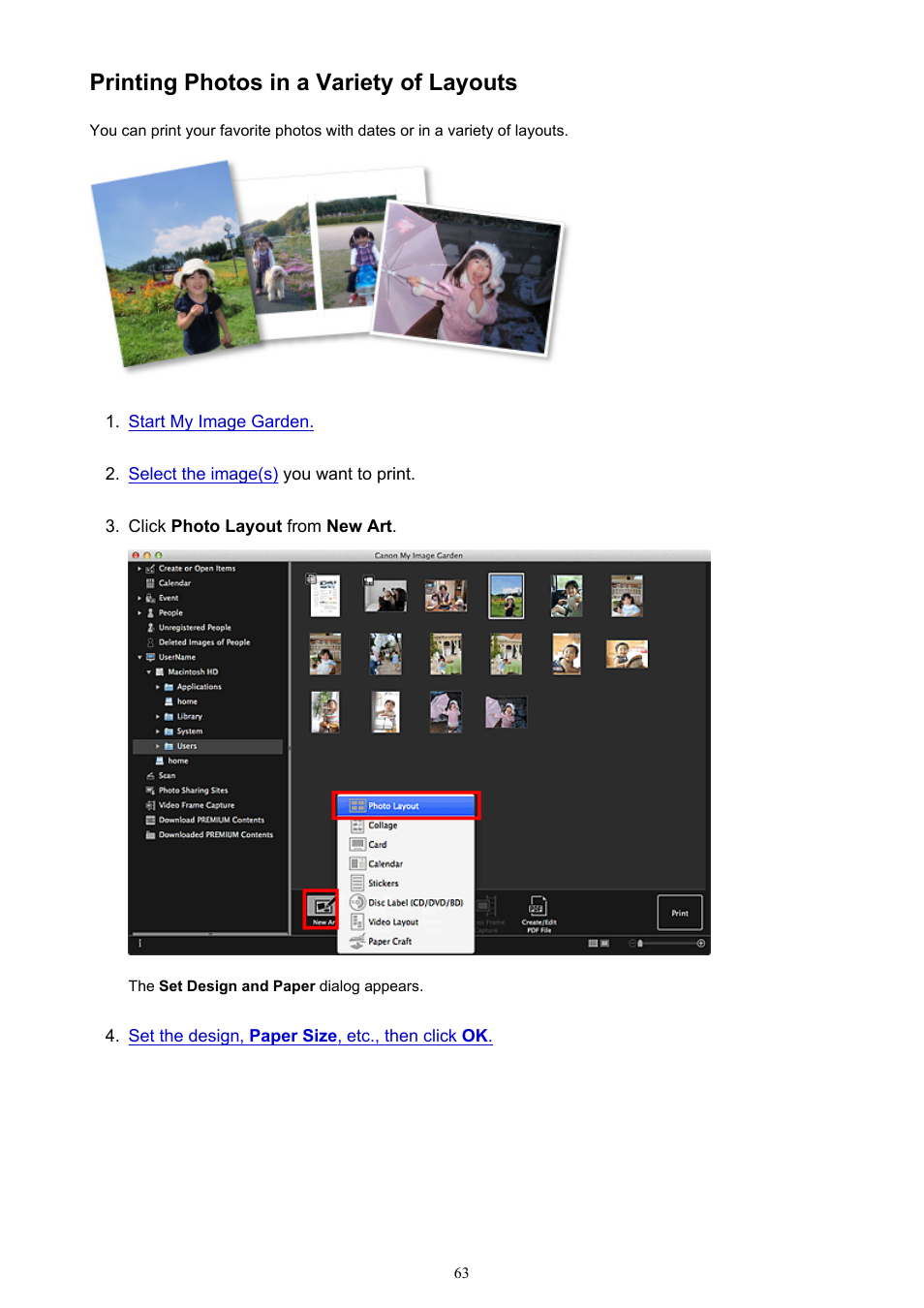 Printing photos in a variety of layouts | Canon My Image Garden User Manual | Page 63 / 304