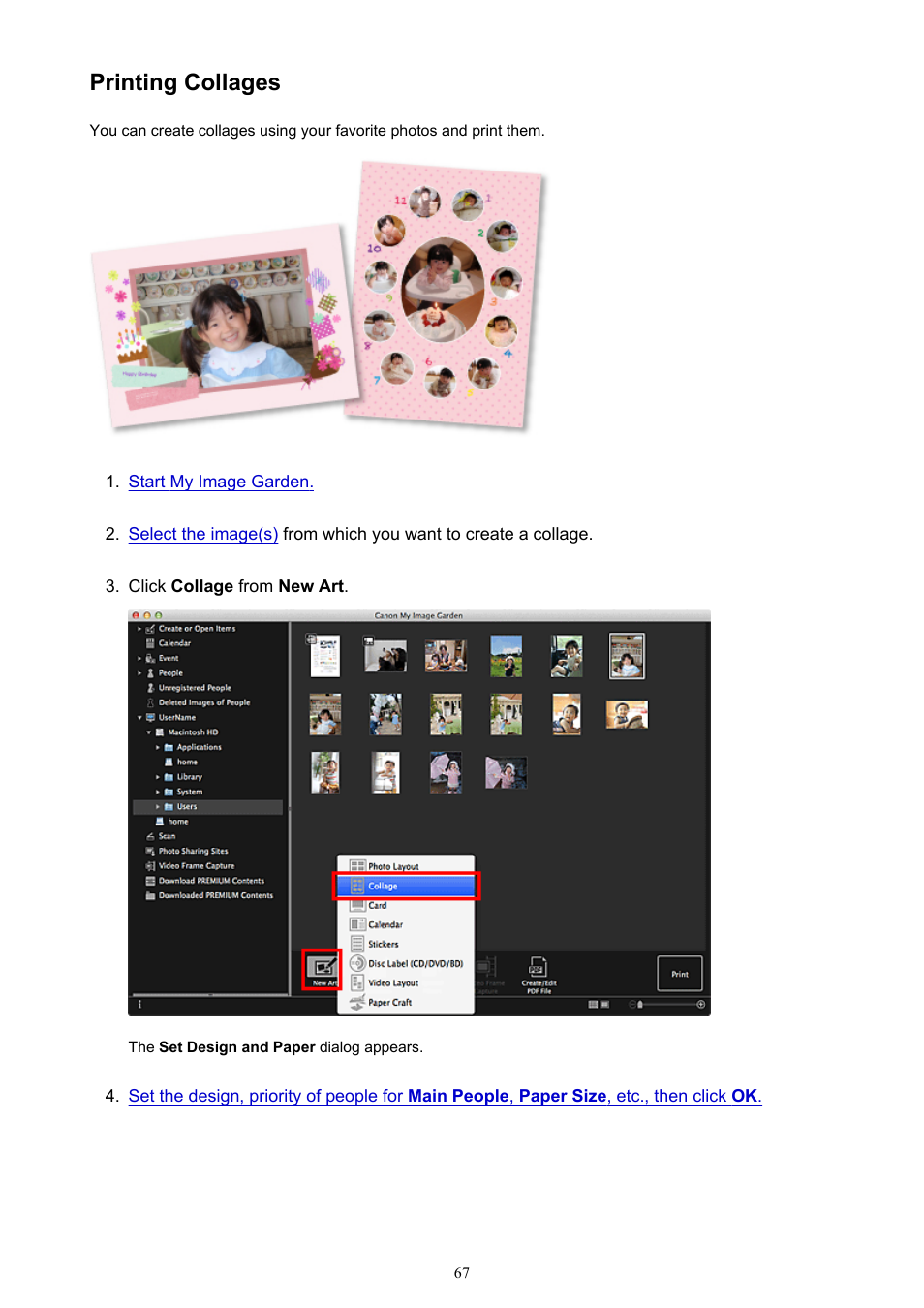 Printing collages | Canon My Image Garden User Manual | Page 67 / 304