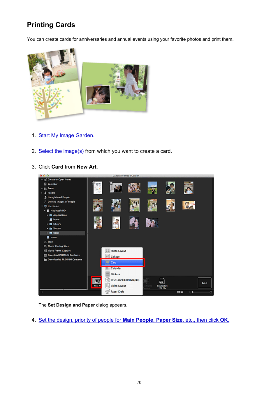 Printing cards | Canon My Image Garden User Manual | Page 70 / 304