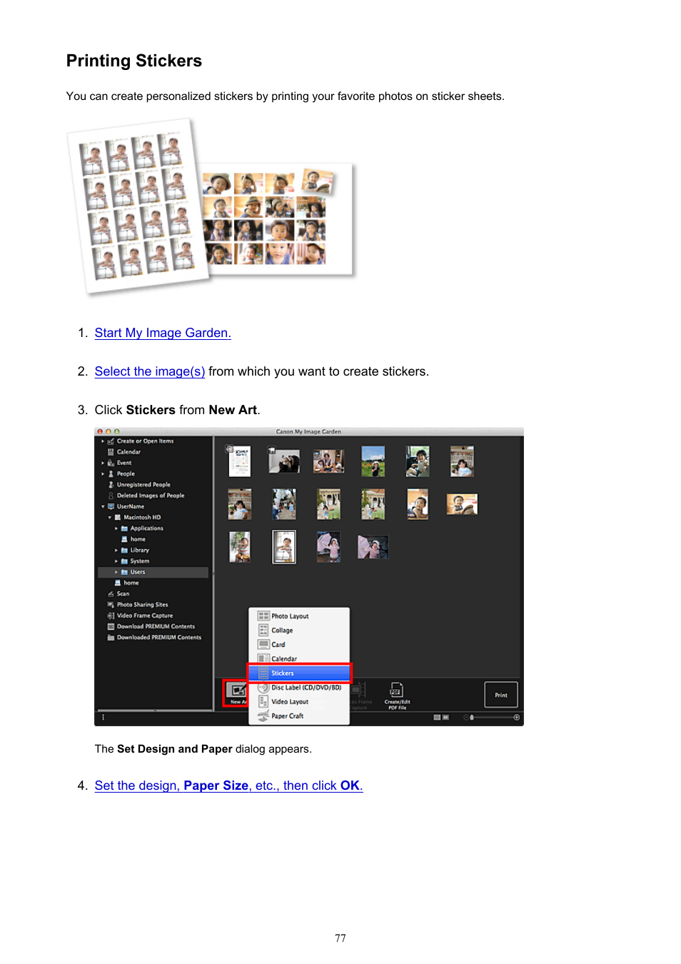 Printing stickers | Canon My Image Garden User Manual | Page 77 / 304