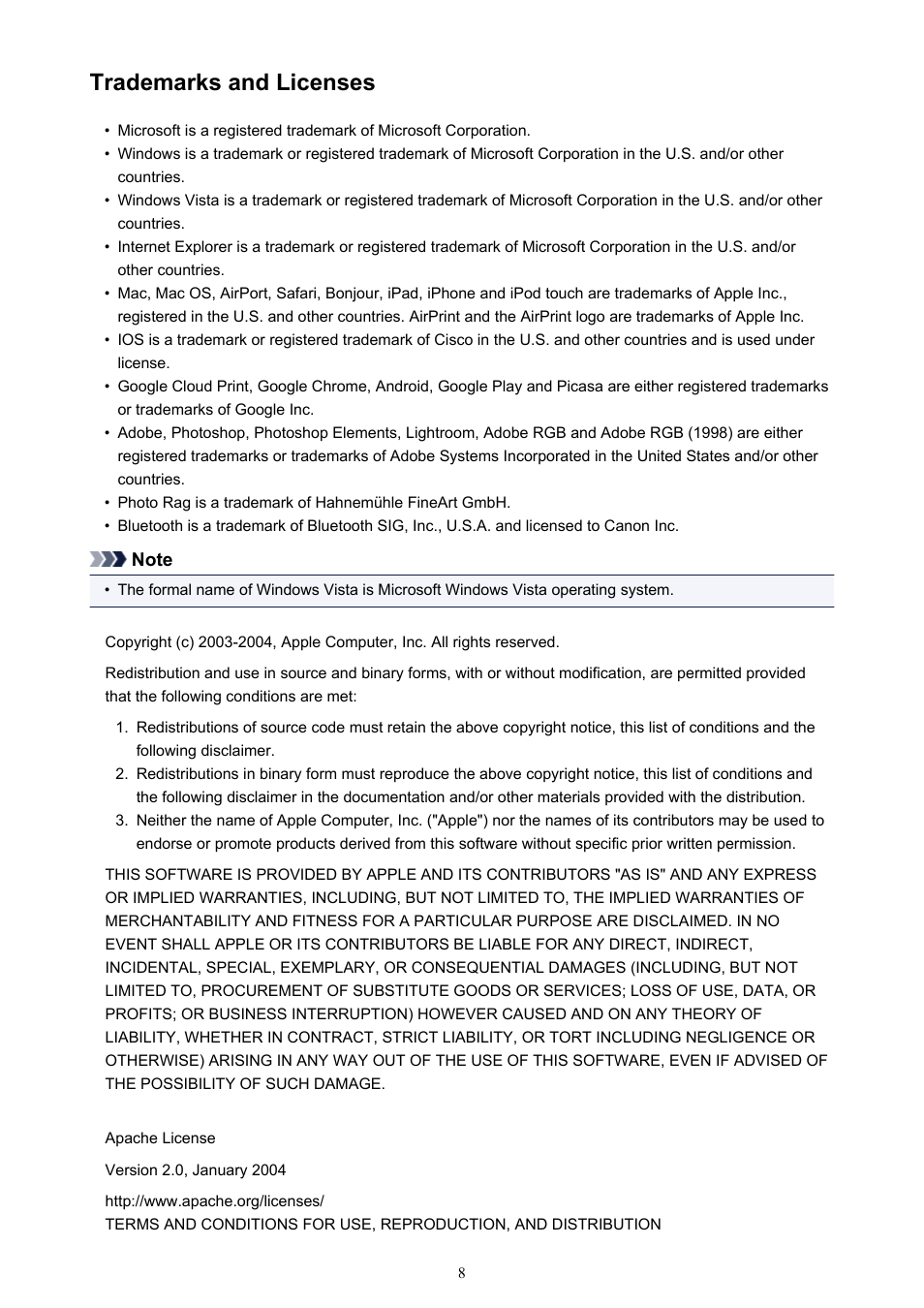 Trademarks and licenses | Canon My Image Garden User Manual | Page 8 / 304