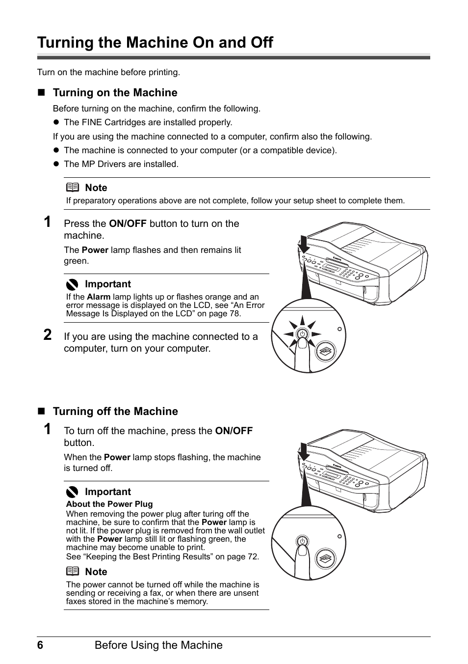 Turning the machine on and off | Canon PIXMA MX310 User Manual | Page 10 / 124