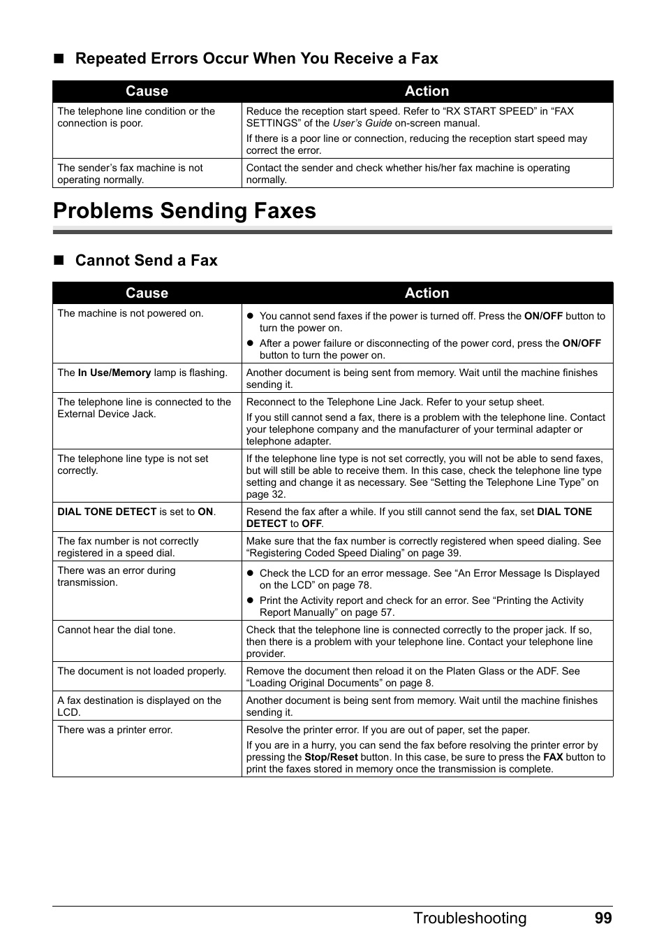 Problems sending faxes, Cannot send a fax, Cause action | Canon PIXMA MX310 User Manual | Page 103 / 124