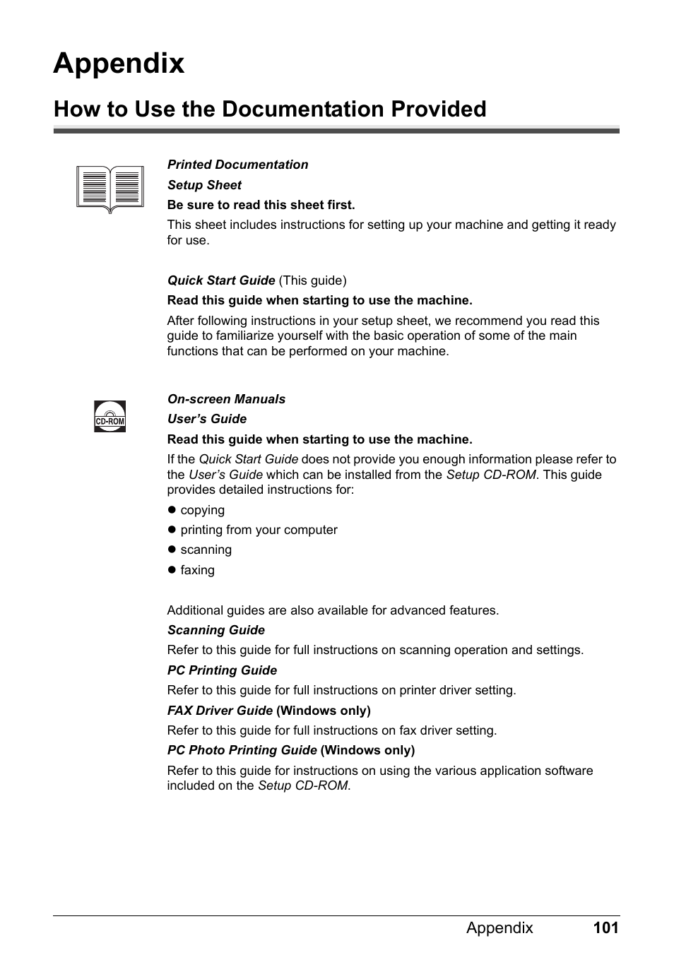 Appendix, How to use the documentation provided | Canon PIXMA MX310 User Manual | Page 105 / 124