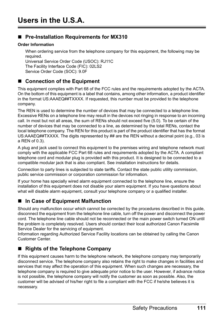 Users in the u.s.a | Canon PIXMA MX310 User Manual | Page 115 / 124