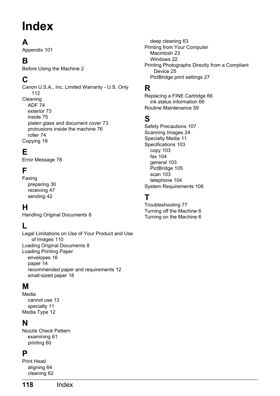 Index | Canon PIXMA MX310 User Manual | Page 122 / 124