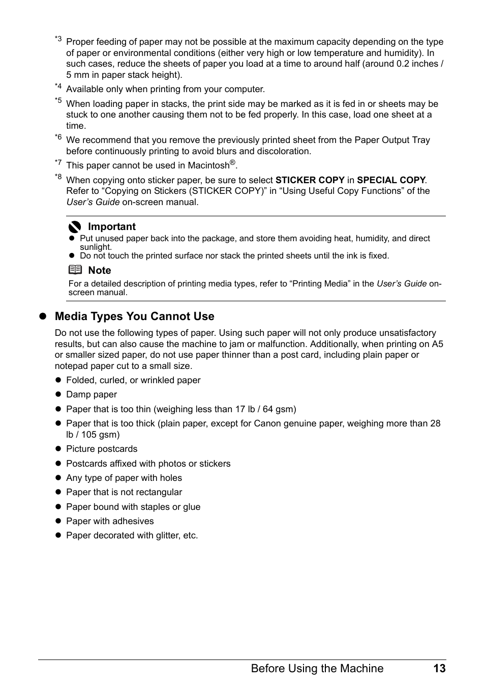 13 before using the machine, Zmedia types you cannot use | Canon PIXMA MX310 User Manual | Page 17 / 124