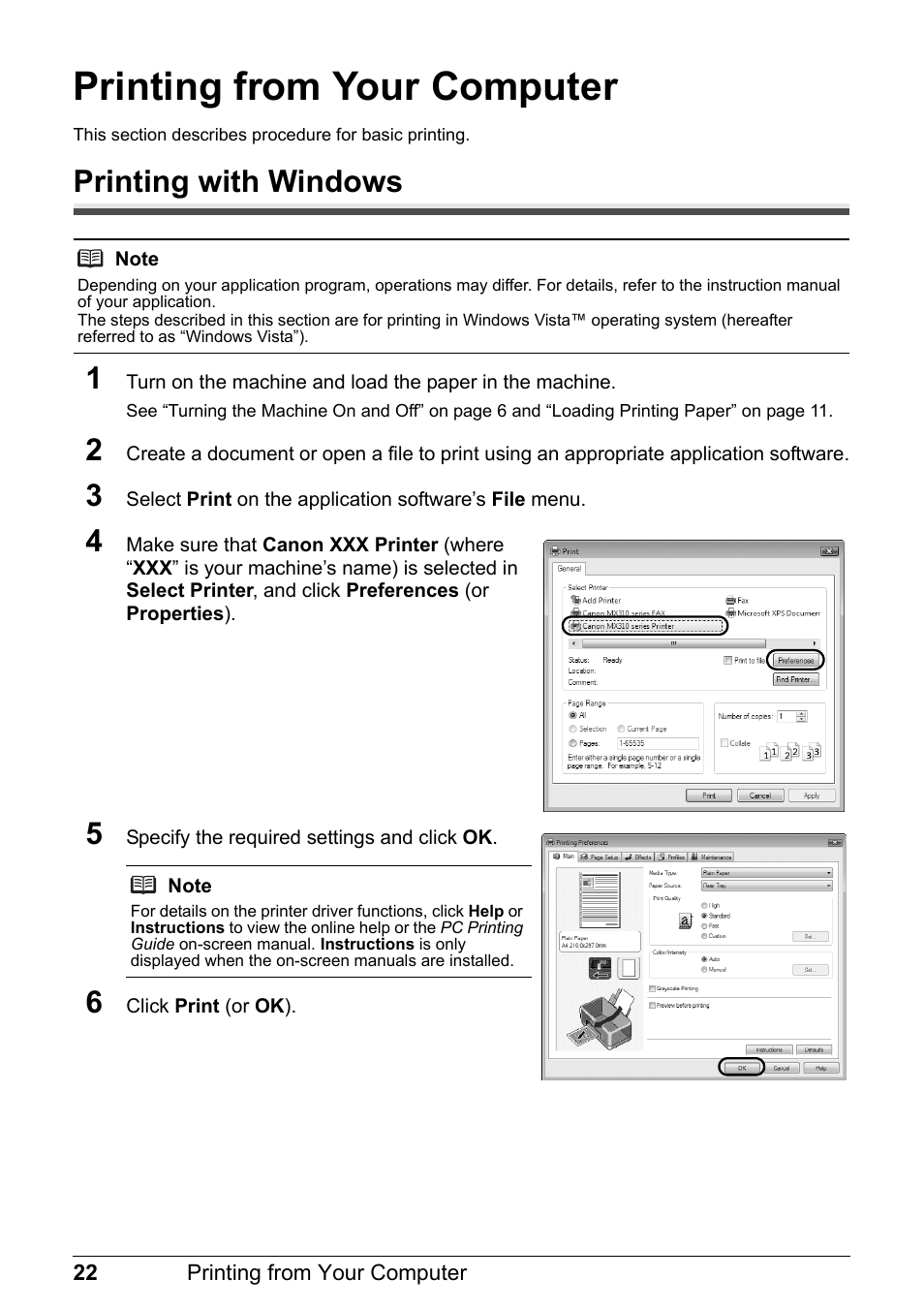 Printing from your computer, Printing with windows, Printing with windows 1 | Canon PIXMA MX310 User Manual | Page 26 / 124