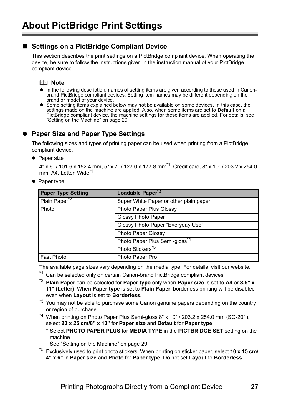 About pictbridge print settings, Settings on a pictbridge compliant device, Zpaper size and paper type settings | Canon PIXMA MX310 User Manual | Page 31 / 124