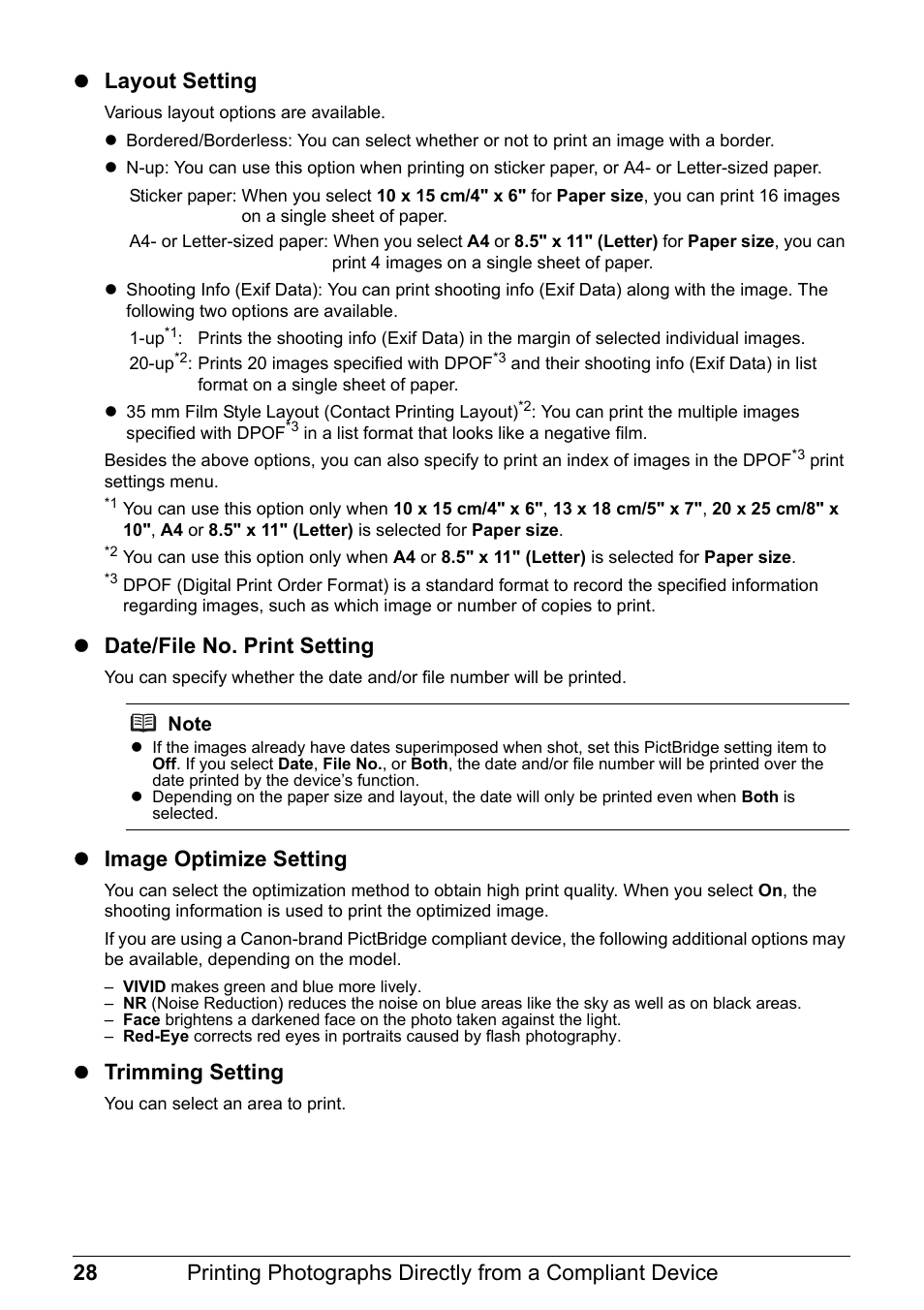 Zdate/file no. print setting, Zimage optimize setting, Ztrimming setting | Canon PIXMA MX310 User Manual | Page 32 / 124