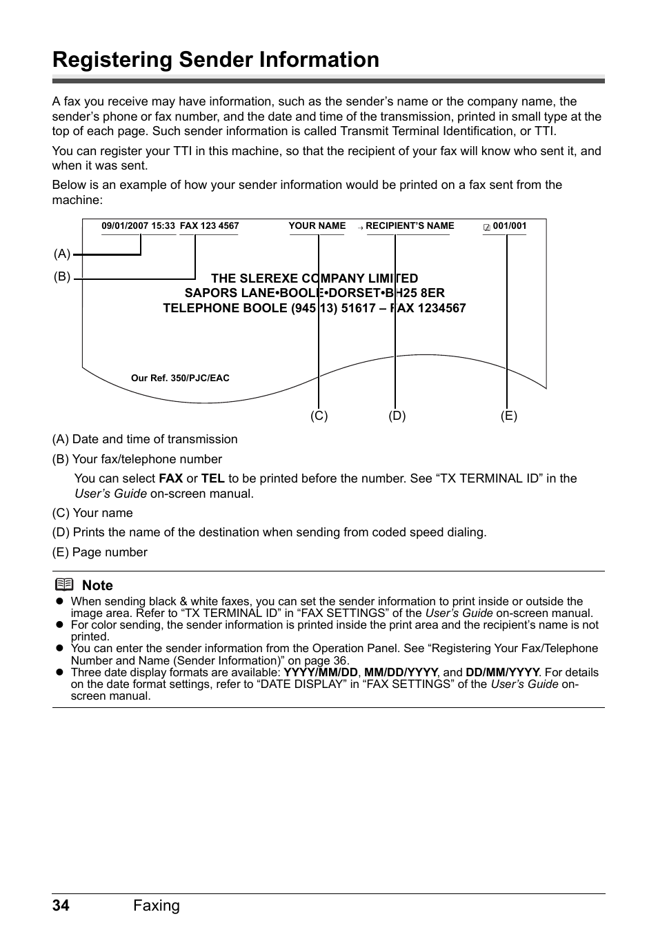 Registering sender information, 34 faxing | Canon PIXMA MX310 User Manual | Page 38 / 124