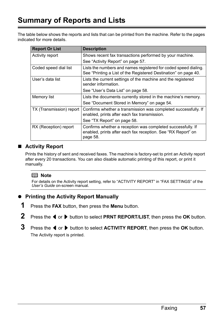 Summary of reports and lists | Canon PIXMA MX310 User Manual | Page 61 / 124