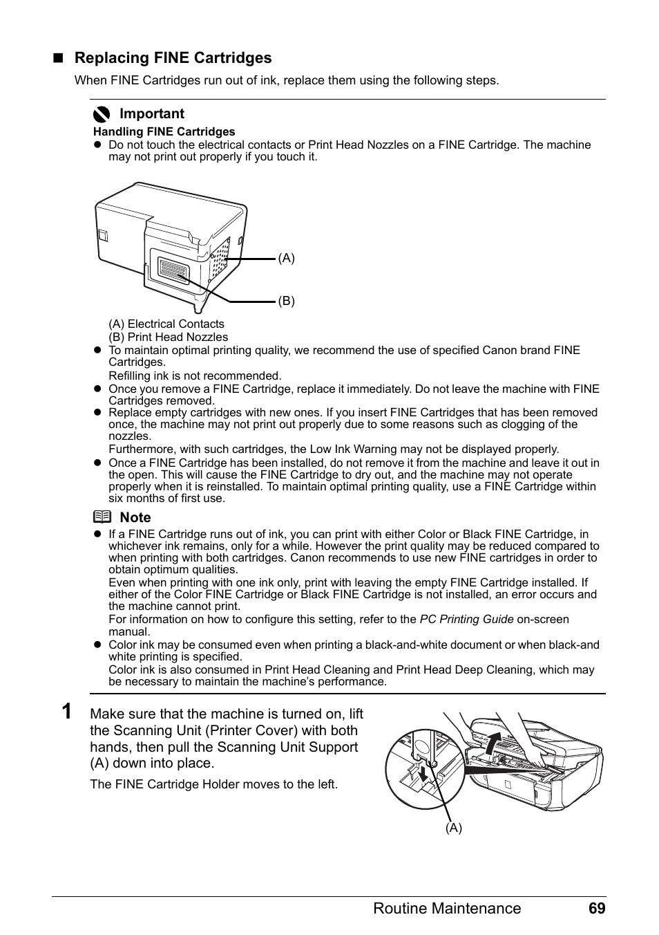 69 routine maintenance  replacing fine cartridges | Canon PIXMA MX310 User Manual | Page 73 / 124