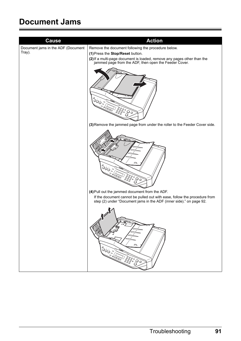 Document jams, 91 troubleshooting | Canon PIXMA MX310 User Manual | Page 95 / 124