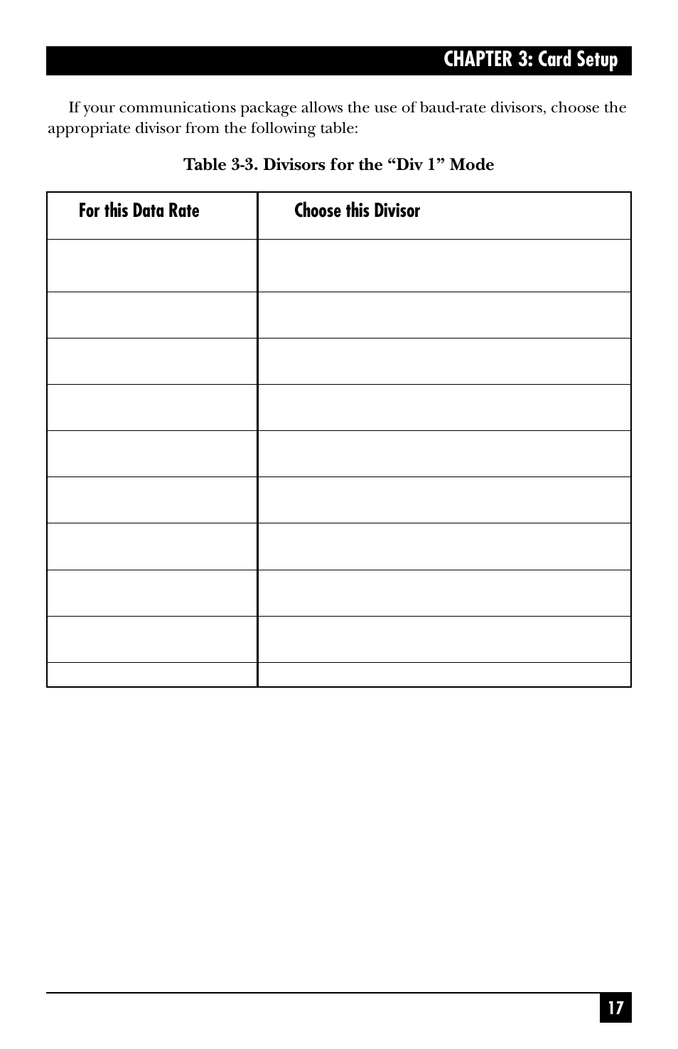 Chapter 3: card setup, For this data rate choose this divisor | Black Box IC187C User Manual | Page 18 / 36