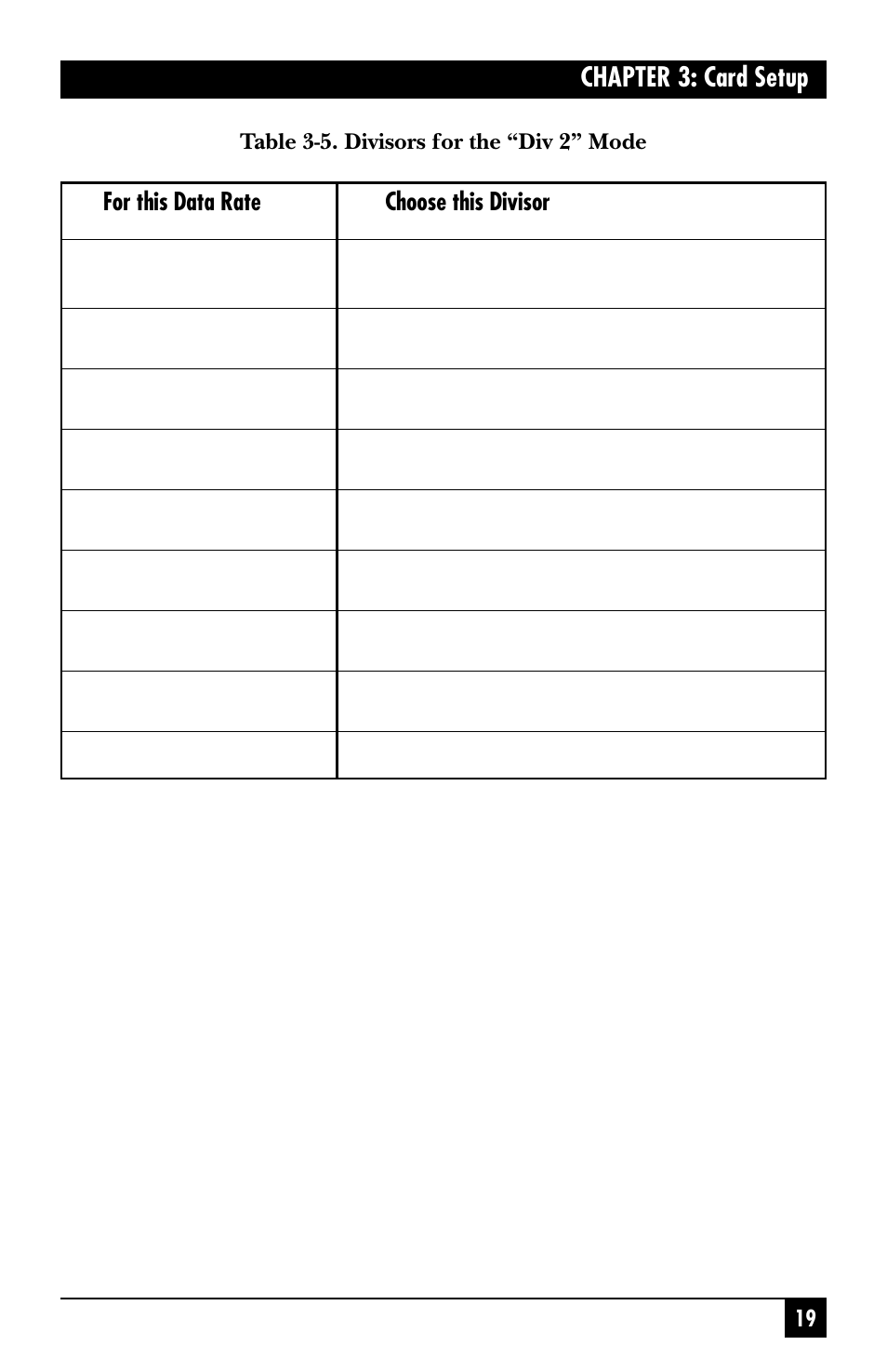Chapter 3: card setup, For this data rate choose this divisor | Black Box IC187C User Manual | Page 20 / 36