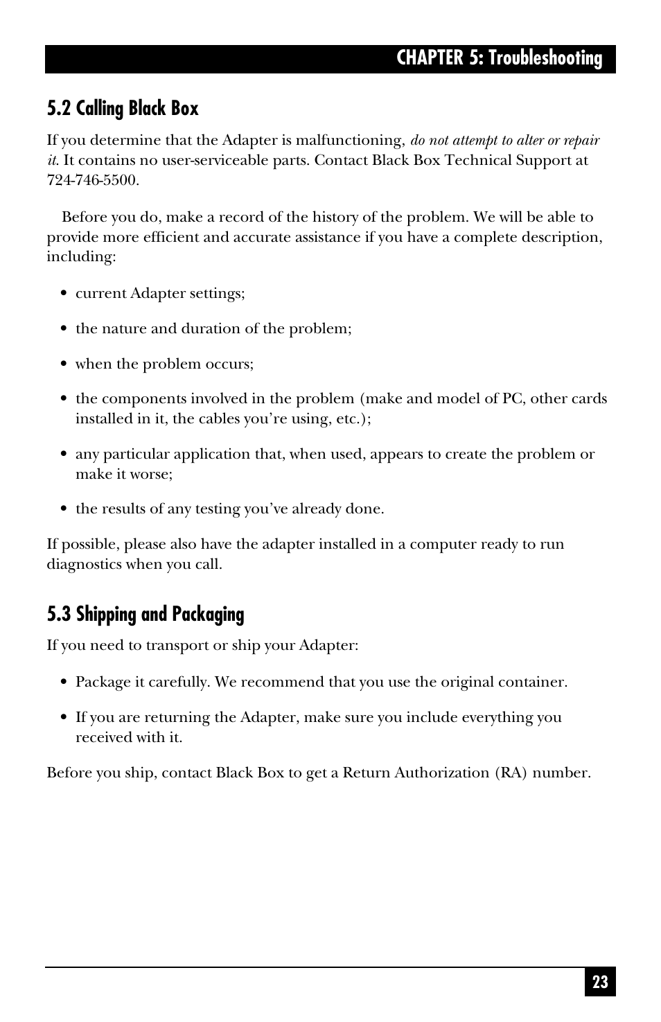 Chapter 5: troubleshooting 5.2 calling black box, 3 shipping and packaging | Black Box IC187C User Manual | Page 24 / 36