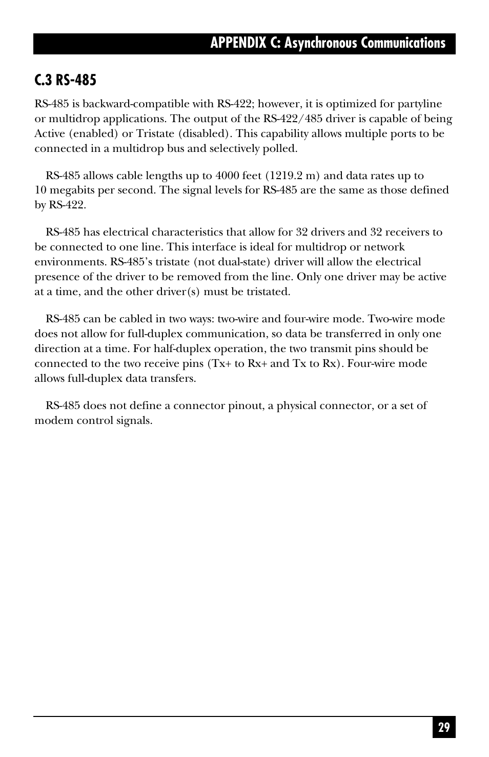 Appendix c: asynchronous communications c.3 rs-485 | Black Box IC187C User Manual | Page 30 / 36