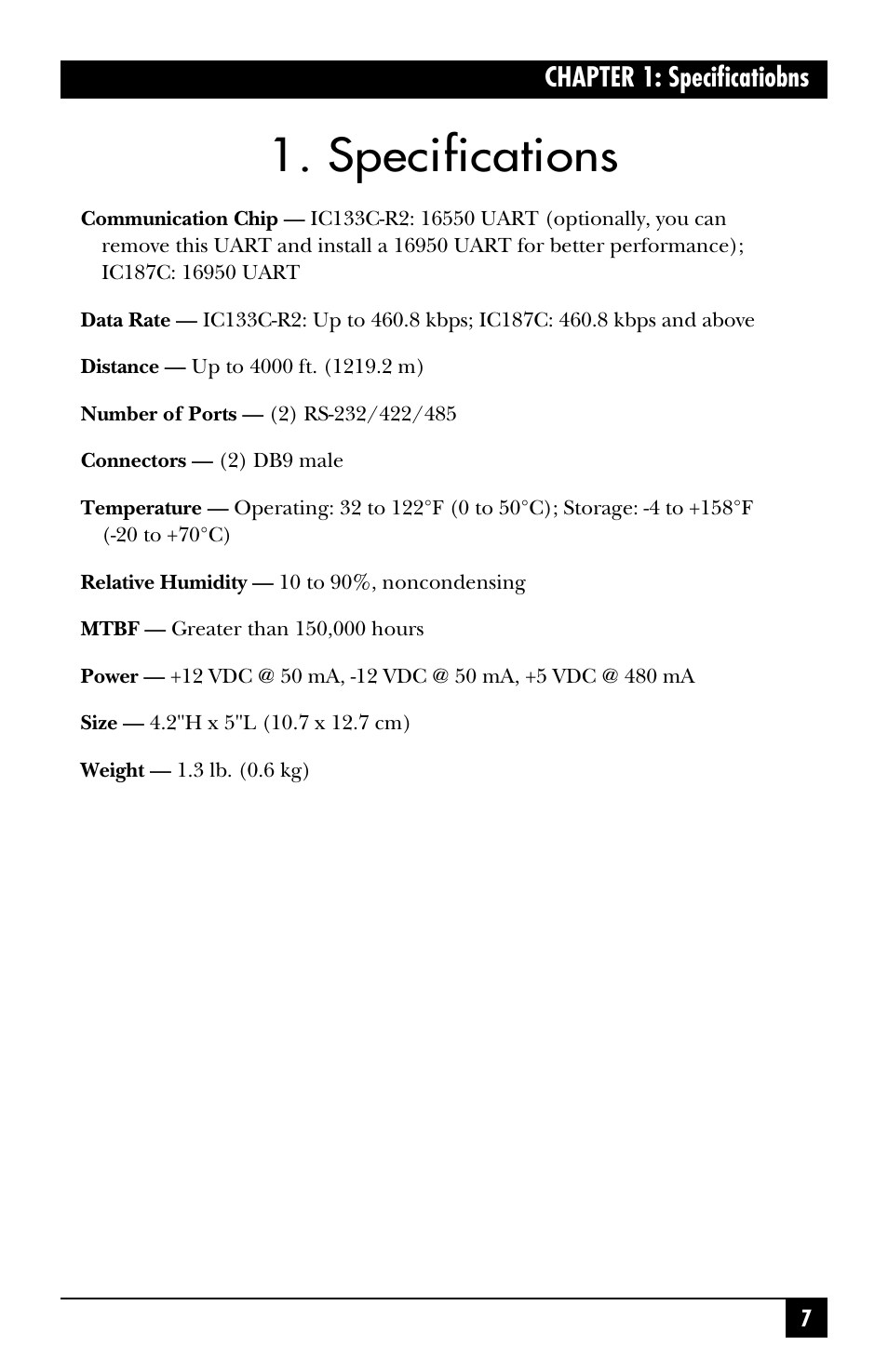 Specifications, Chapter 1: specificatiobns | Black Box IC187C User Manual | Page 8 / 36