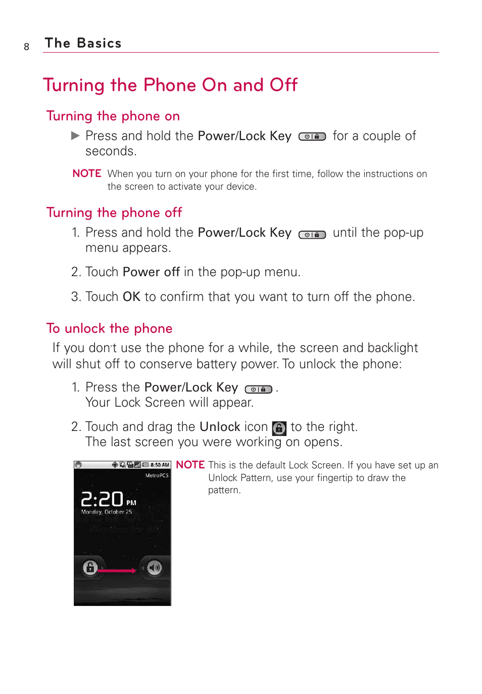 Turning the phone on and off, Turning the phone on, Turning the phone off | The basics | LG Optimus MS690 User Manual | Page 10 / 155
