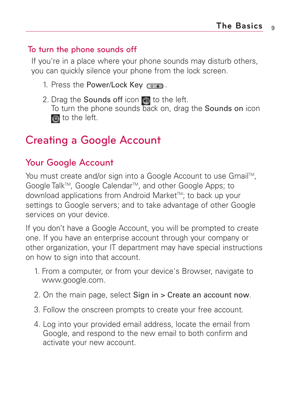 Creating a google account, Your google account, The basics | LG Optimus MS690 User Manual | Page 11 / 155
