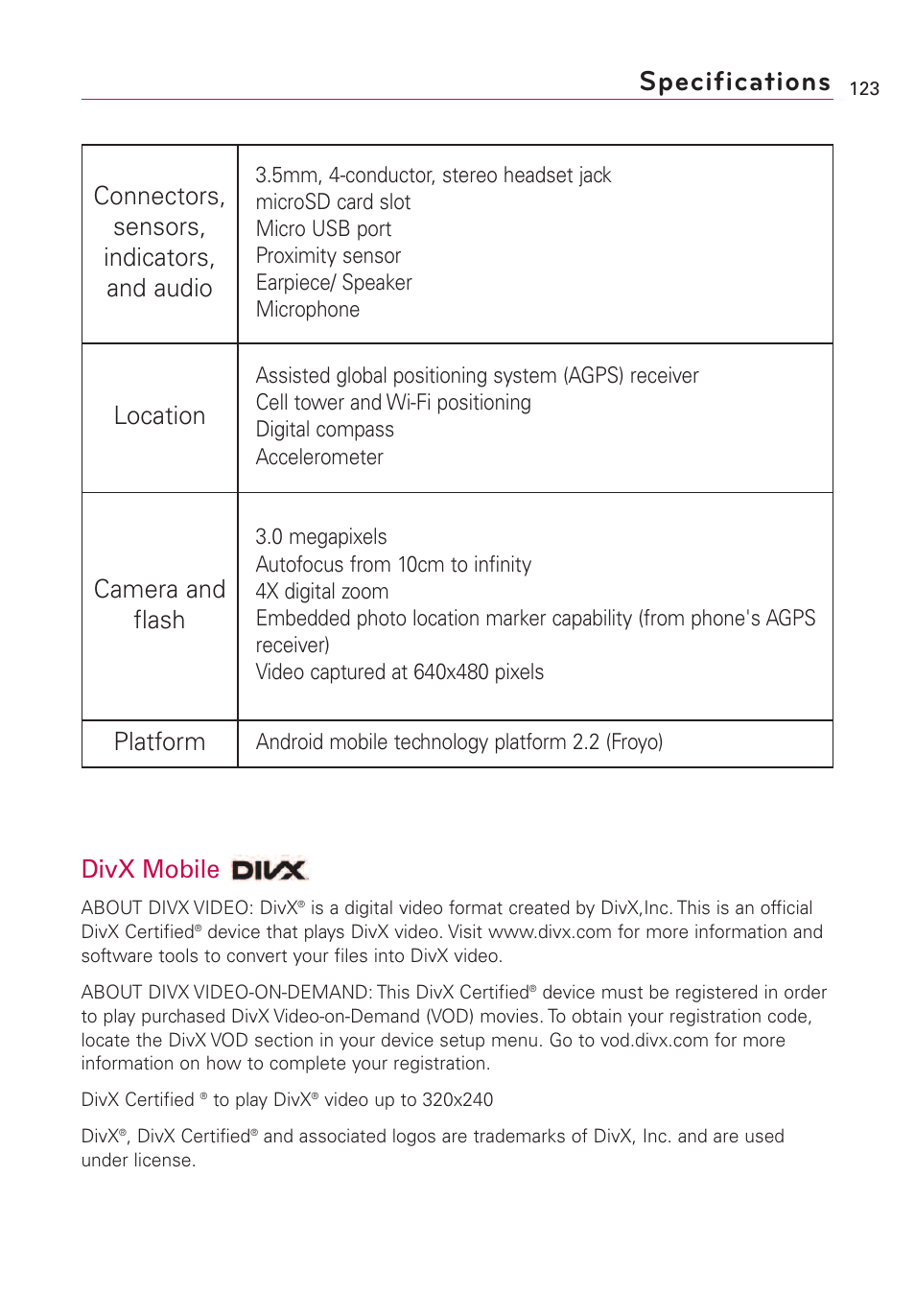 Specifications, Divx mobile, Connectors, sensors, indicators, and audio | Location, Camera and flash, Platform | LG Optimus MS690 User Manual | Page 125 / 155