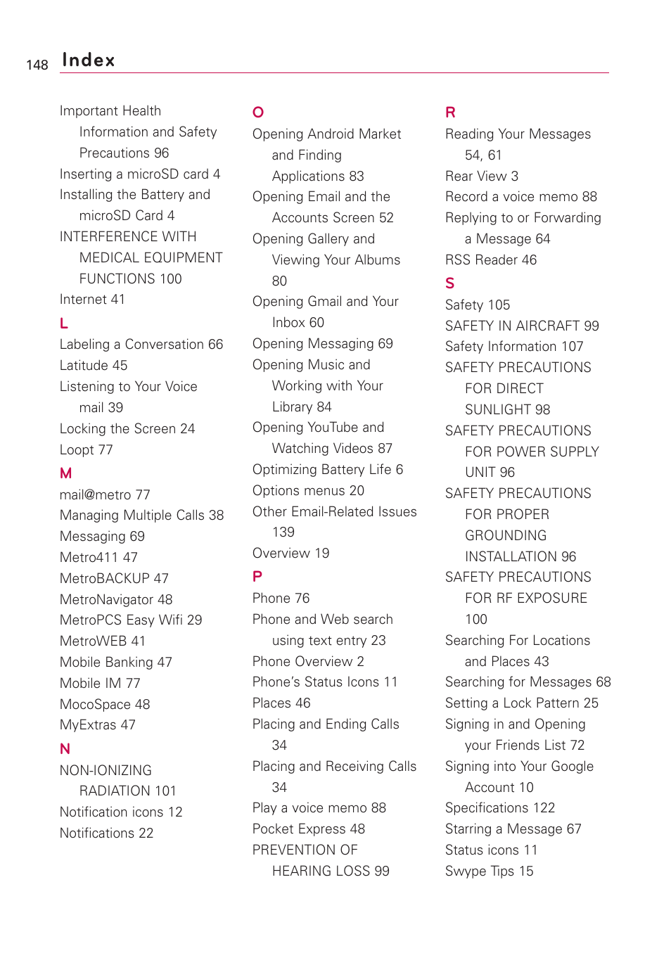Index | LG Optimus MS690 User Manual | Page 150 / 155