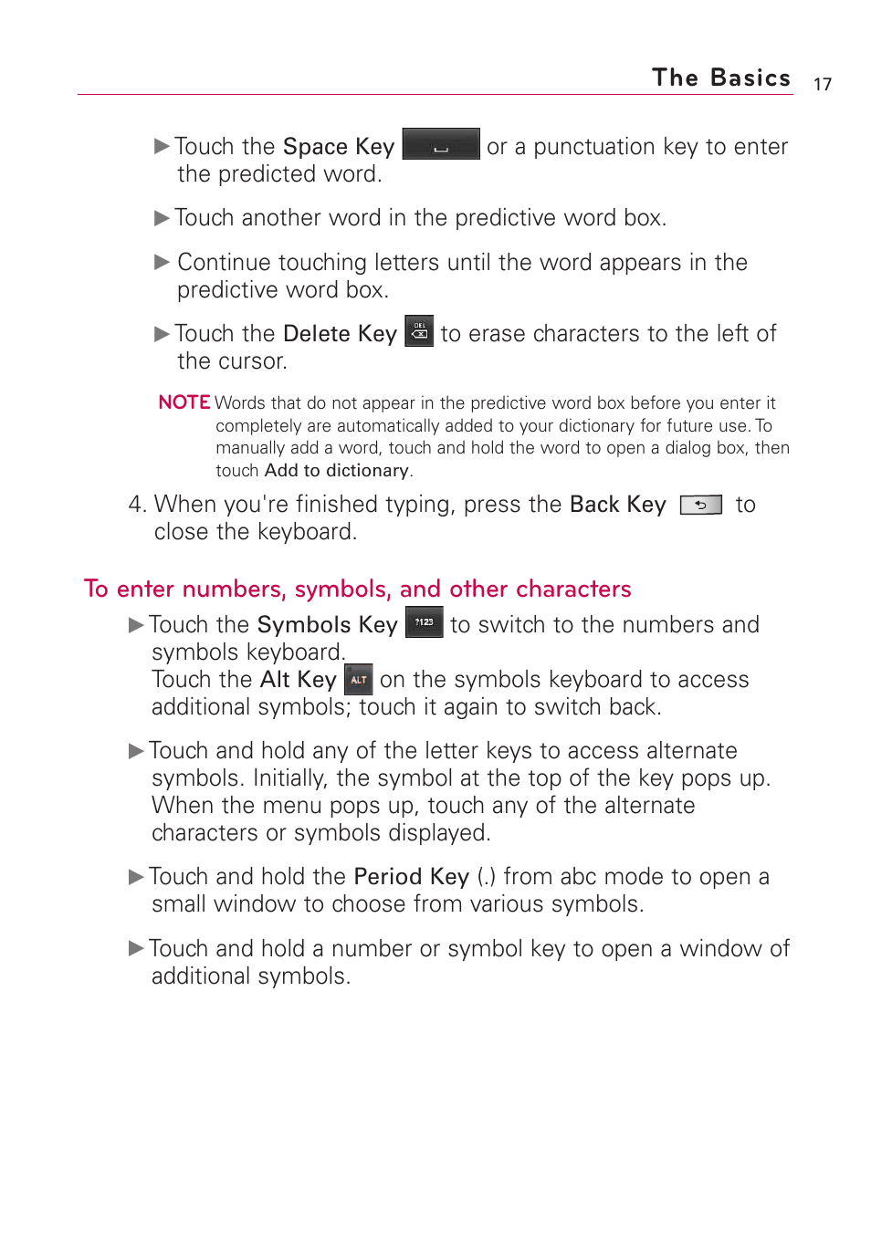 The basics | LG Optimus MS690 User Manual | Page 19 / 155