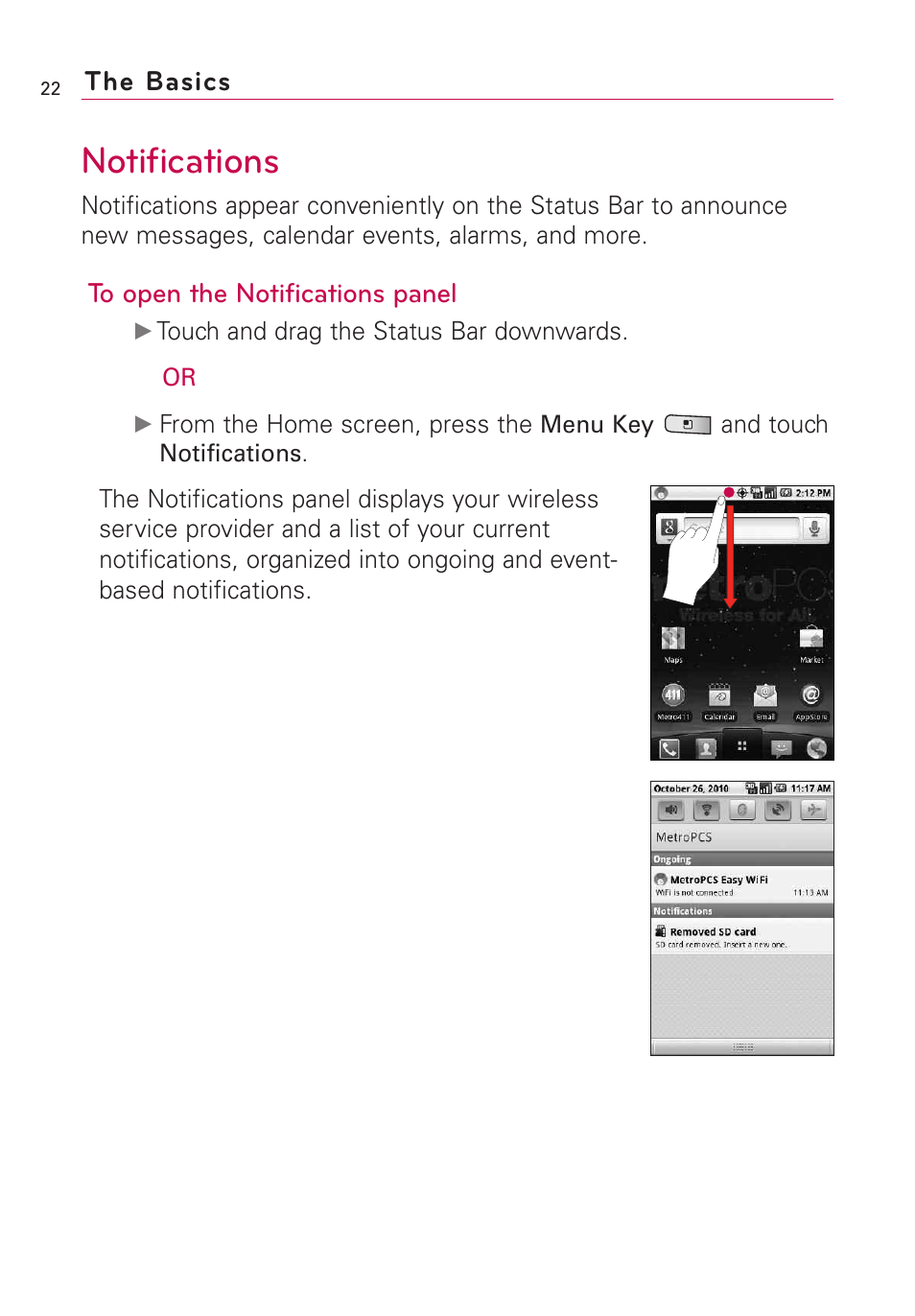 Notifications, The basics | LG Optimus MS690 User Manual | Page 24 / 155