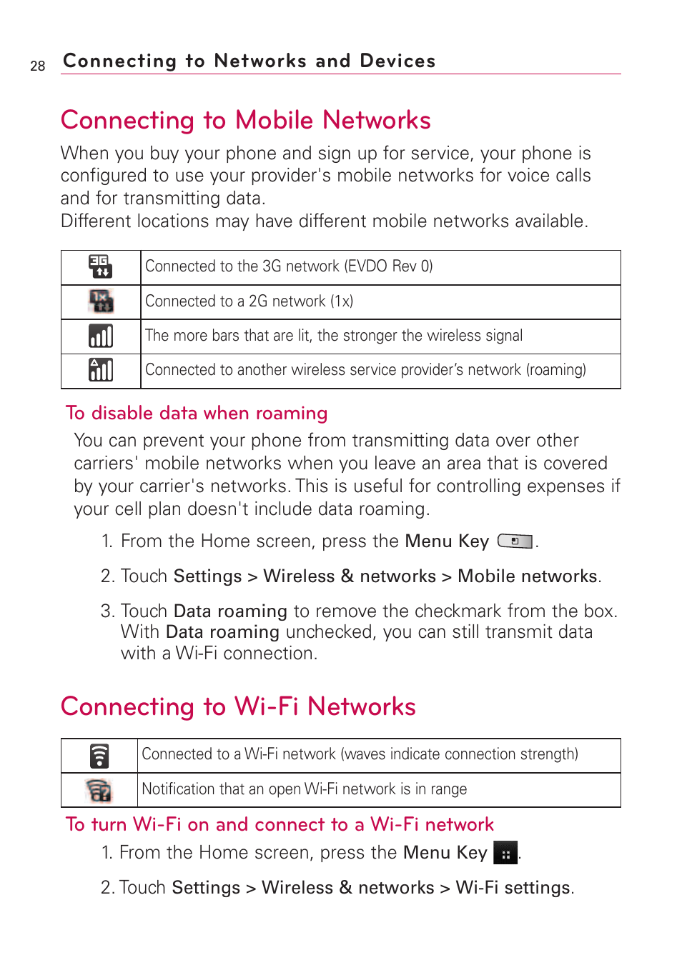 Connecting to networks and d, Connecting to networks and devices, Connecting to mobile networks | Connecting to wi-fi networks | LG Optimus MS690 User Manual | Page 30 / 155