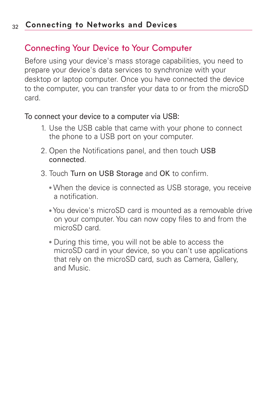 Connecting your device to your computer, Connecting to networks and devices | LG Optimus MS690 User Manual | Page 34 / 155