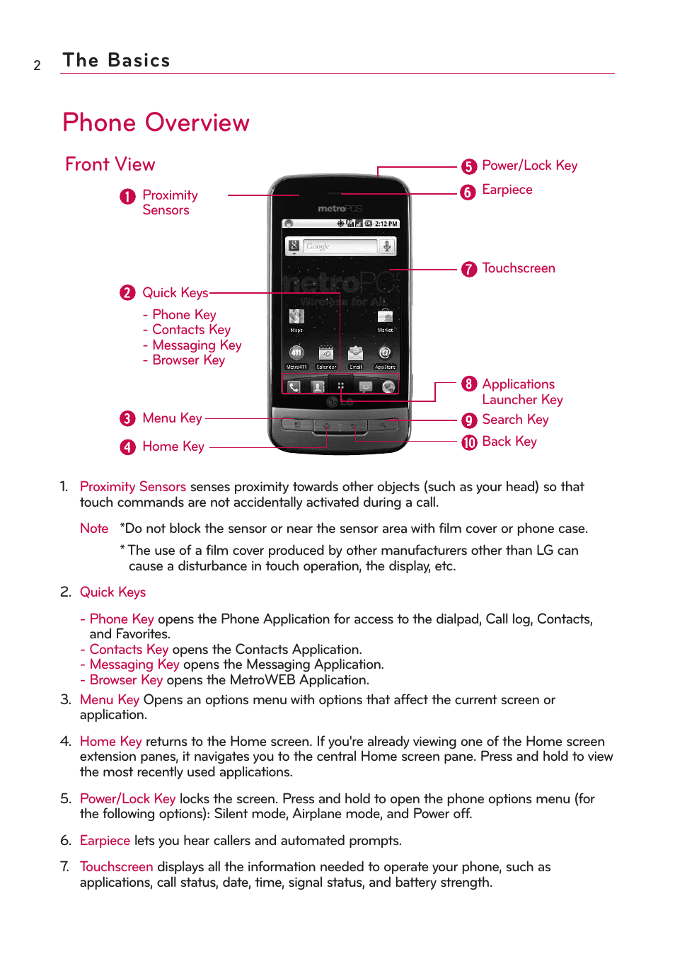 The basics, Phone overview, Front view | LG Optimus MS690 User Manual | Page 4 / 155