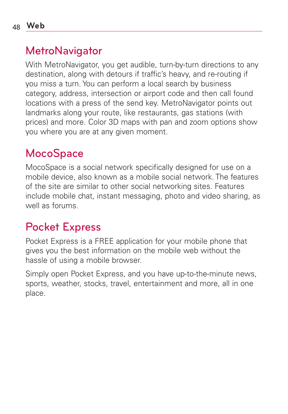 Metronavigator, Mocospace, Pocket express | LG Optimus MS690 User Manual | Page 50 / 155