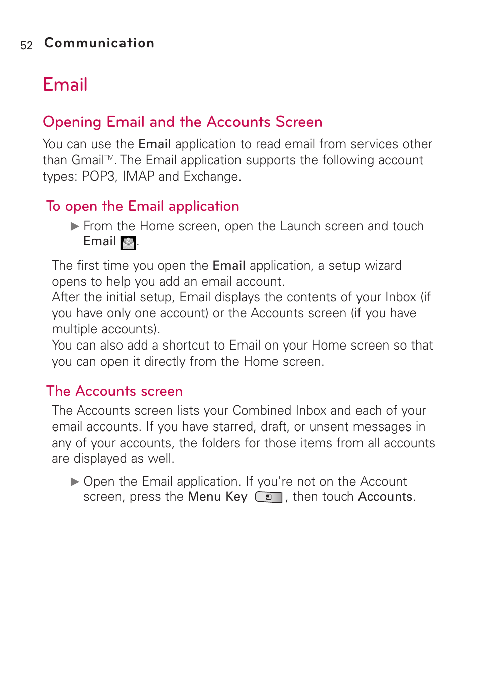 Email, Opening email and the accounts screen, The accounts screen | LG Optimus MS690 User Manual | Page 54 / 155