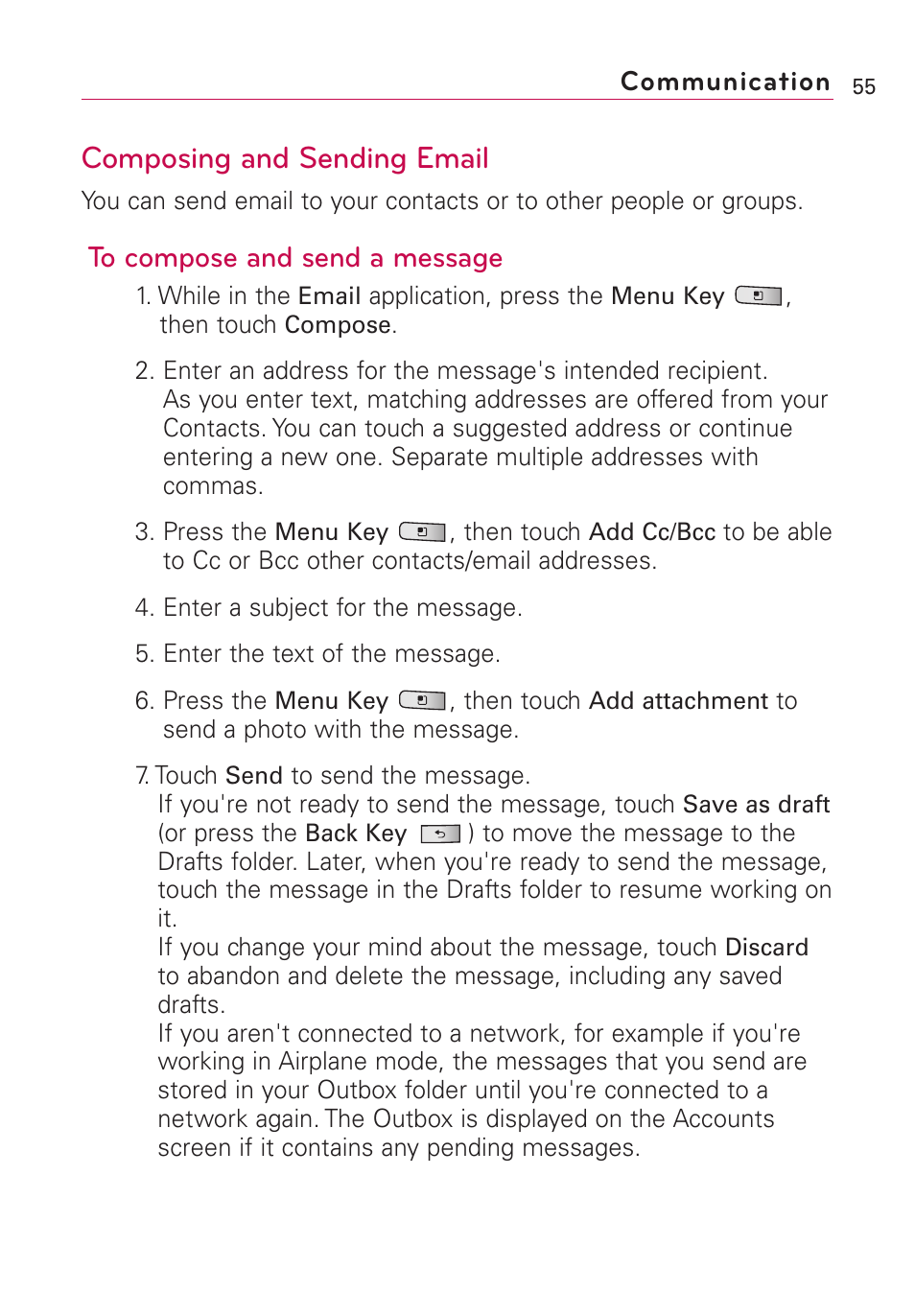 Composing and sending email | LG Optimus MS690 User Manual | Page 57 / 155