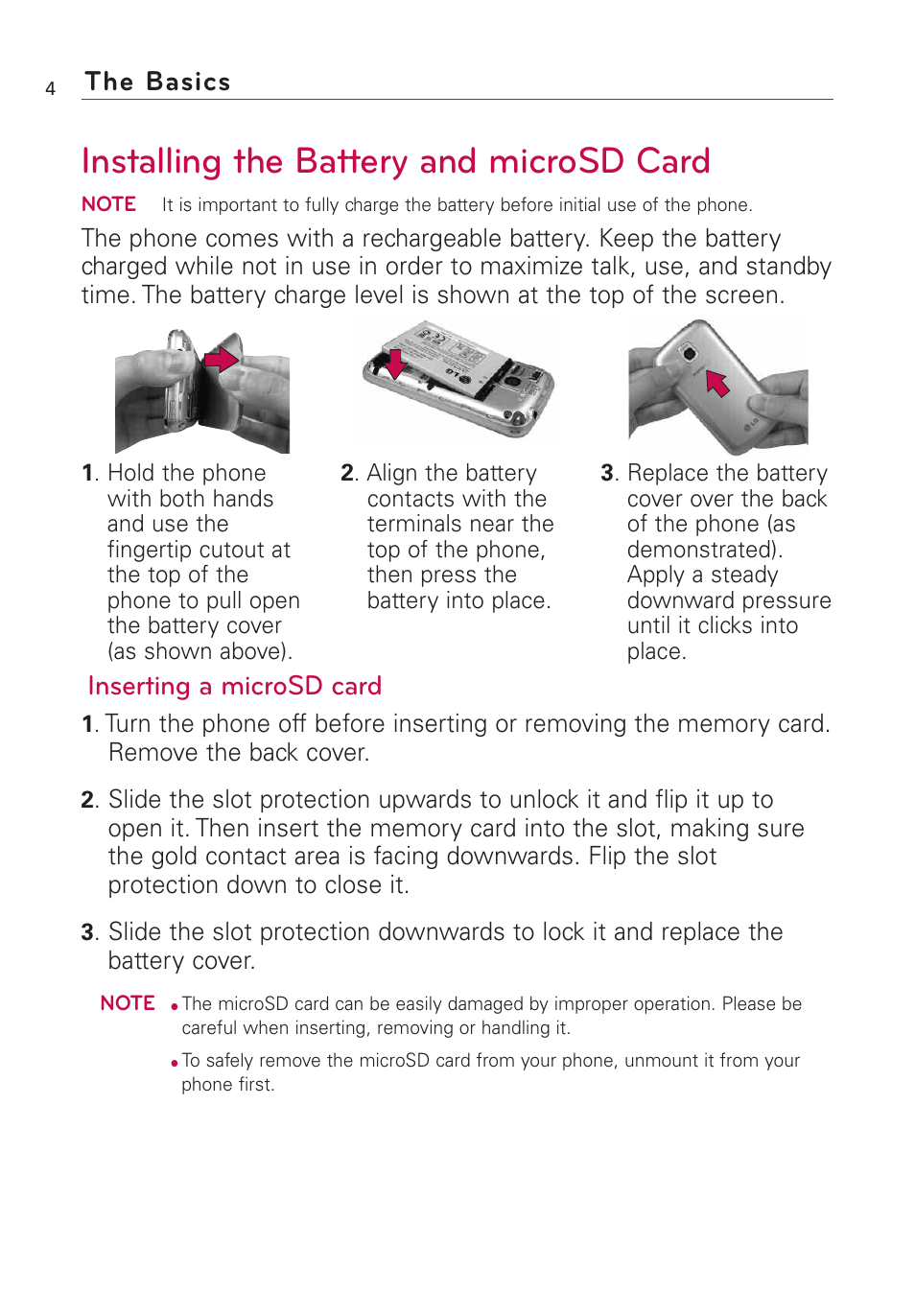 Installing the battery and microsd card, Inserting a microsd card, The basics | LG Optimus MS690 User Manual | Page 6 / 155