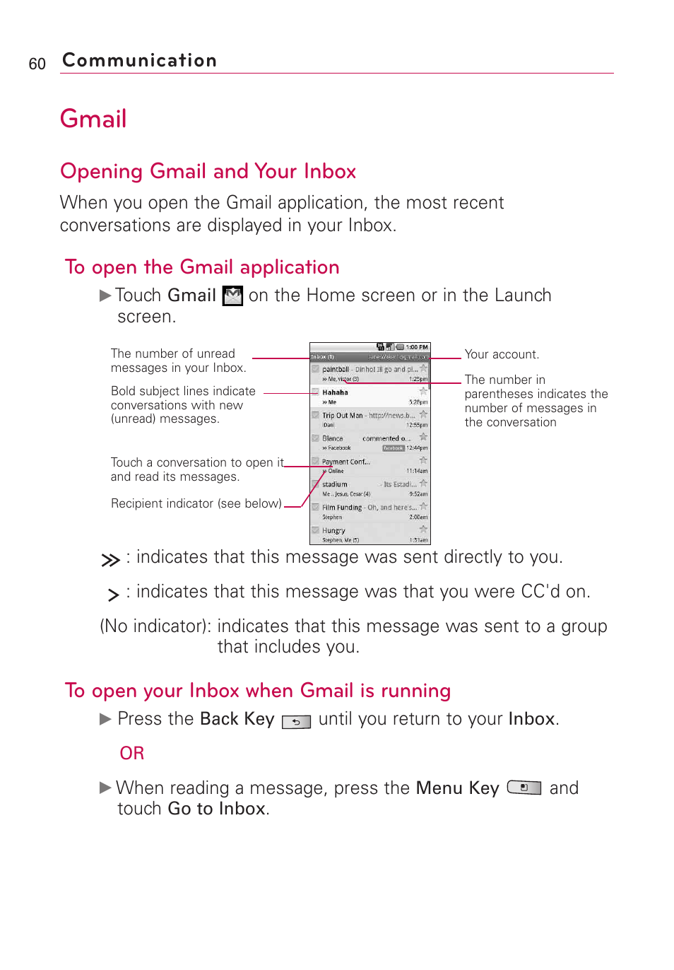 Gmail, Opening gmail and your inbox, Communication | LG Optimus MS690 User Manual | Page 62 / 155